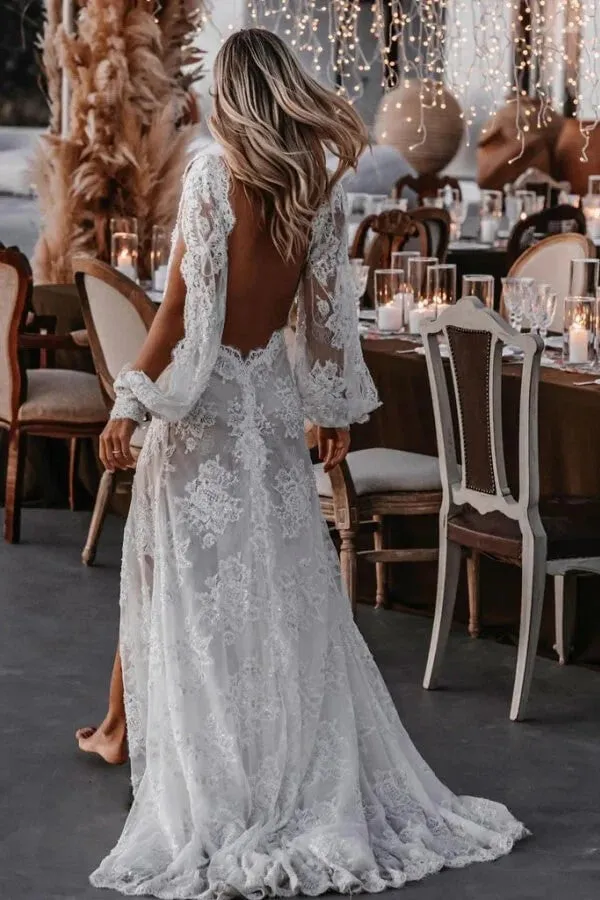 Long Sleeve V-neck Lace Appliques Boho Wedding Dress WD749