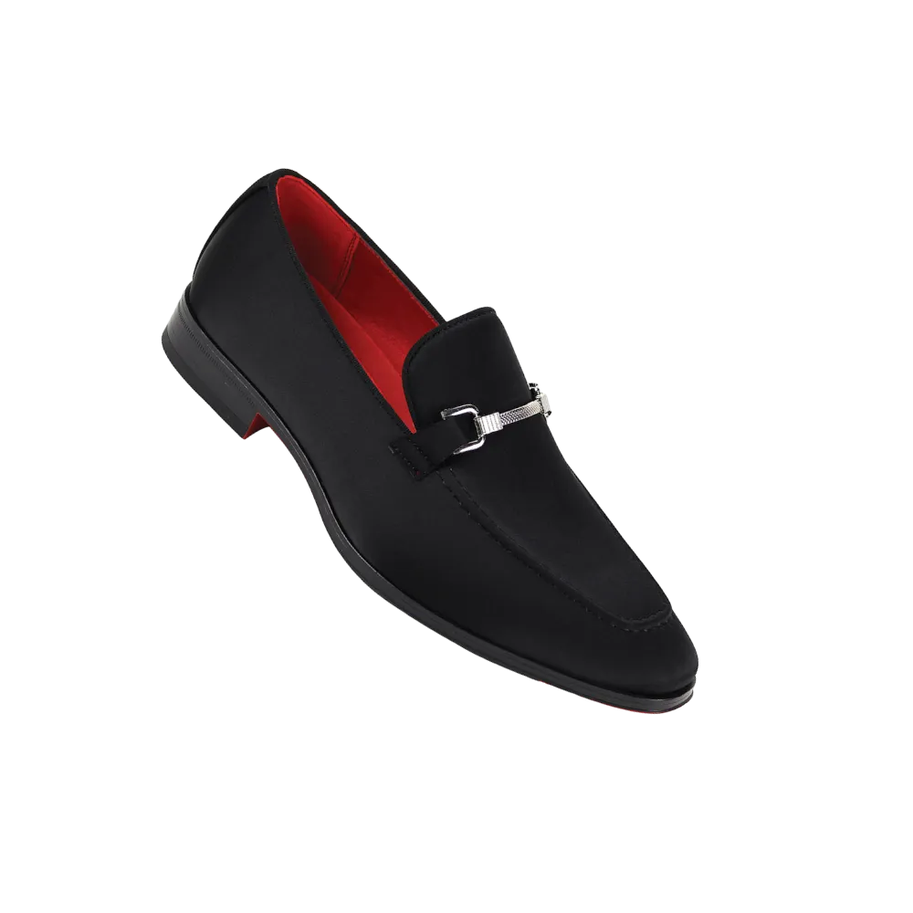 Men's Black Formal Dress Satin Material Slip-On Shoes Sliver Buckle Style No-7018