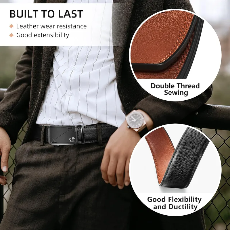 Men's Ratchet Belt - 1 3/8" Genuine Leather Dress Belt with Sliding Adjustable Buckle