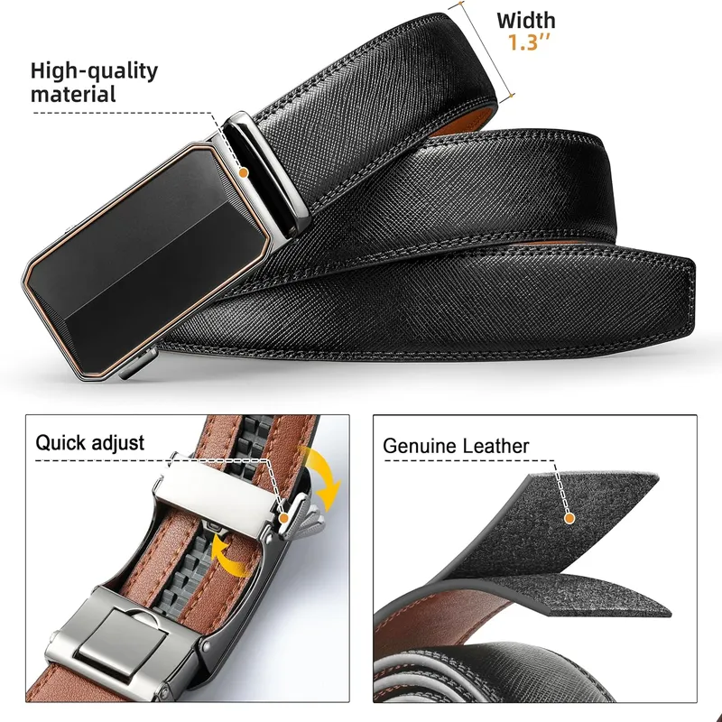 Men's Ratchet Belt - 1 3/8" Genuine Leather Dress Belt with Sliding Adjustable Buckle