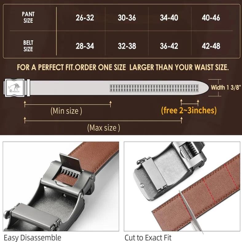 Men's Ratchet Belt - 1 3/8" Genuine Leather Dress Belt with Sliding Adjustable Buckle