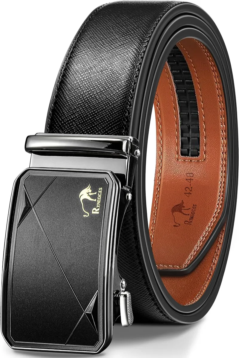 Men's Ratchet Belt - 1 3/8" Genuine Leather Dress Belt with Sliding Adjustable Buckle
