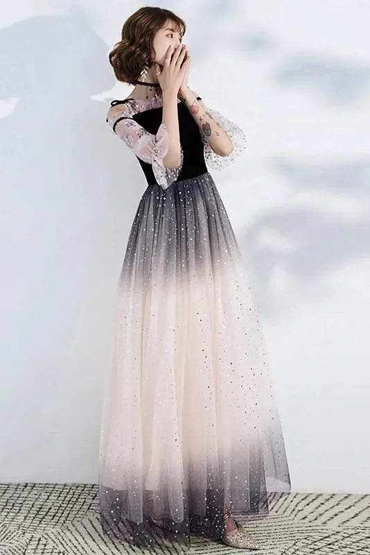 Newest Spaghetti Straps Sequin Shiny Ombre Prom Dresses With Sleeves UQP0017