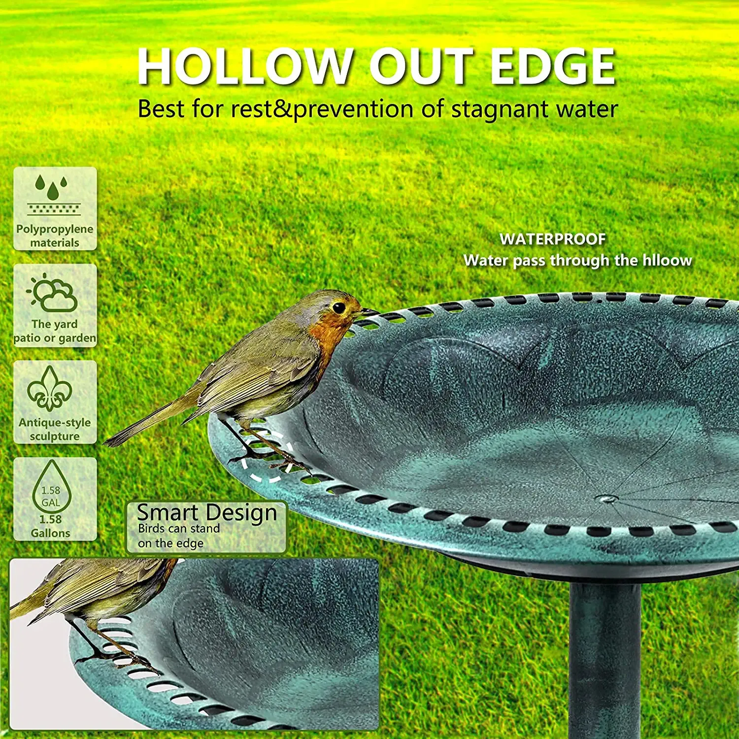 Outdoor Traditional Resin Garden Bird Bath-Green