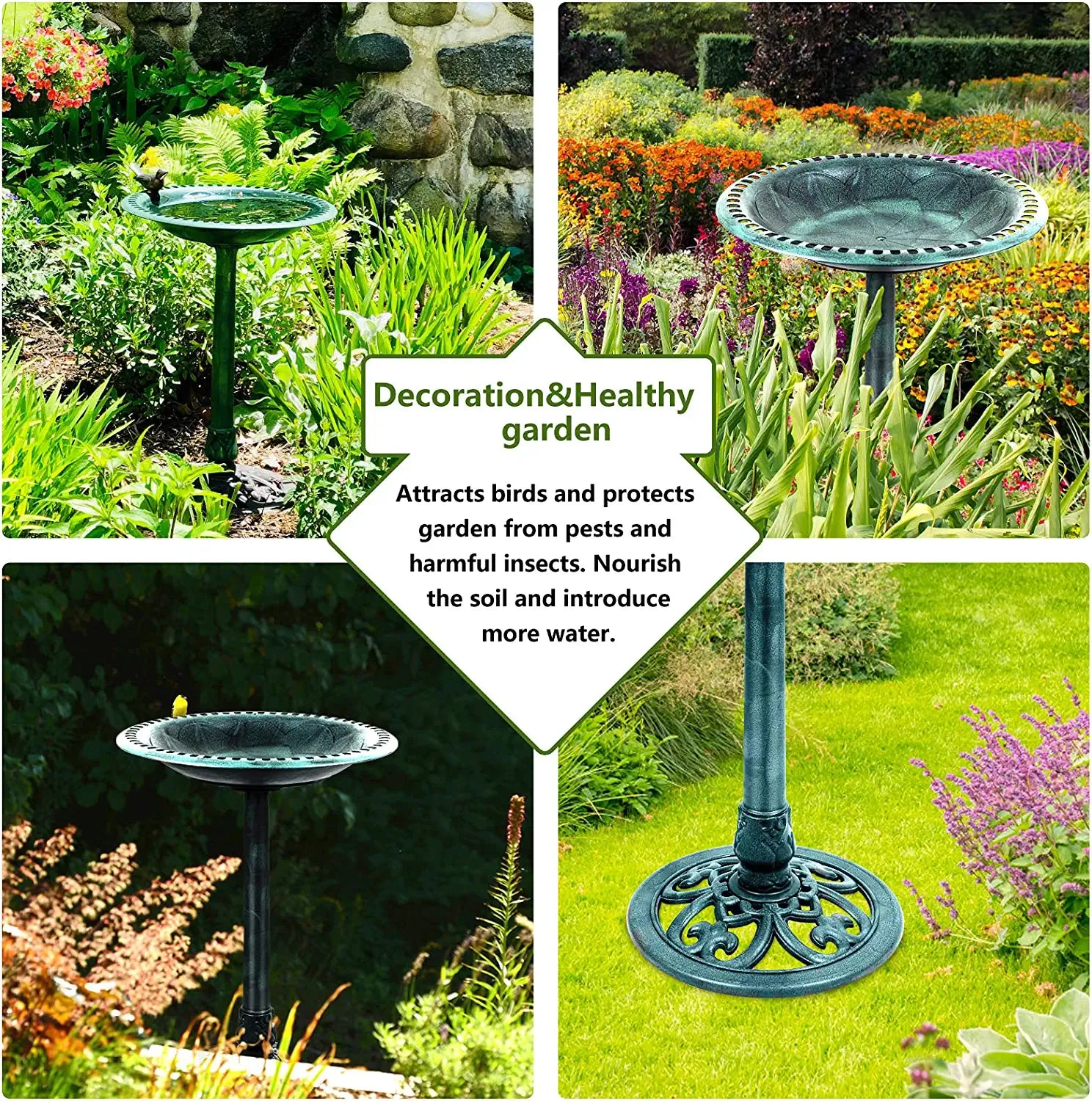 Outdoor Traditional Resin Garden Bird Bath-Green