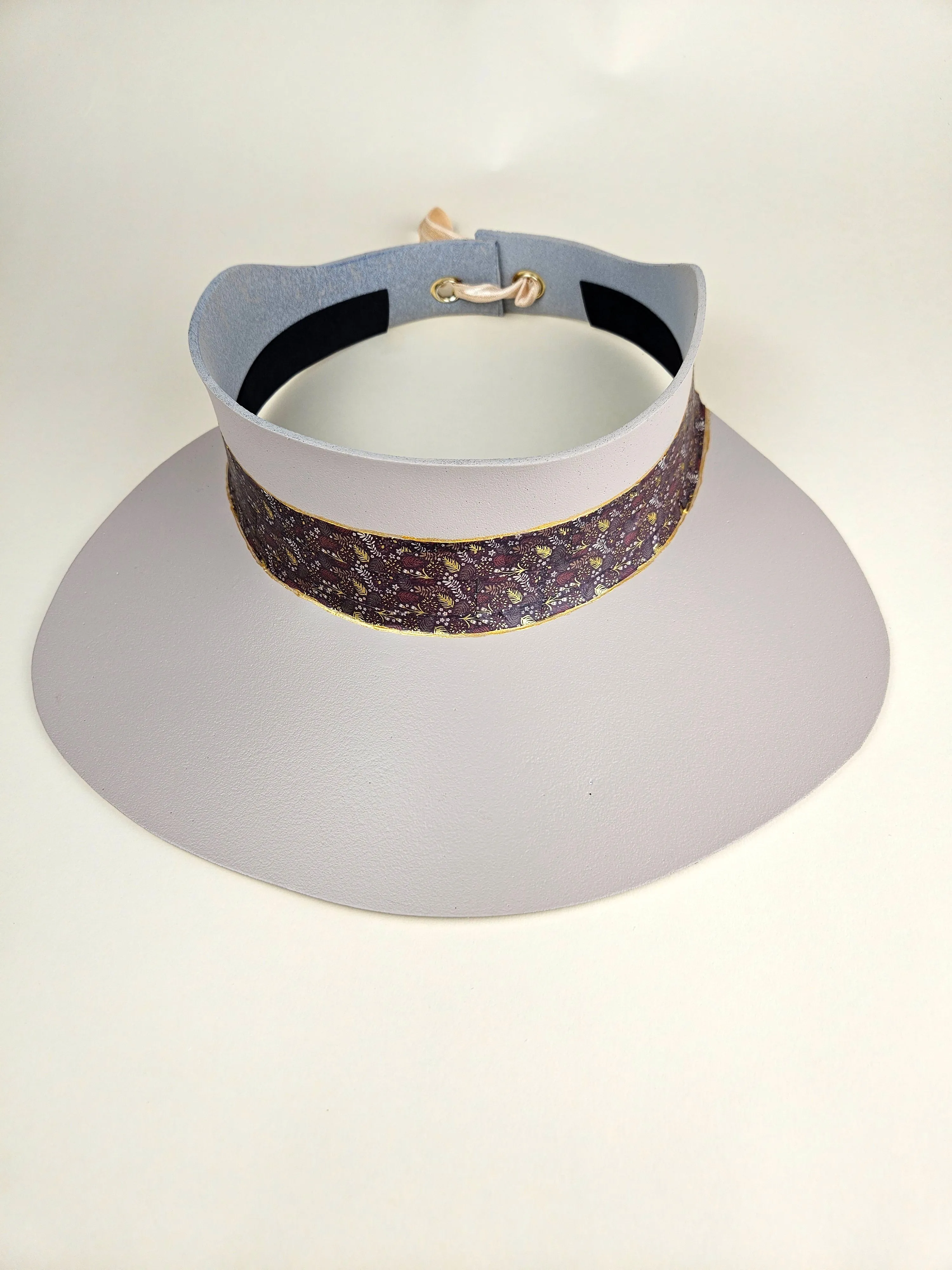 Peach Gray "LadyEVA" Visor Hat with Dark Purple, Red and Gold Band