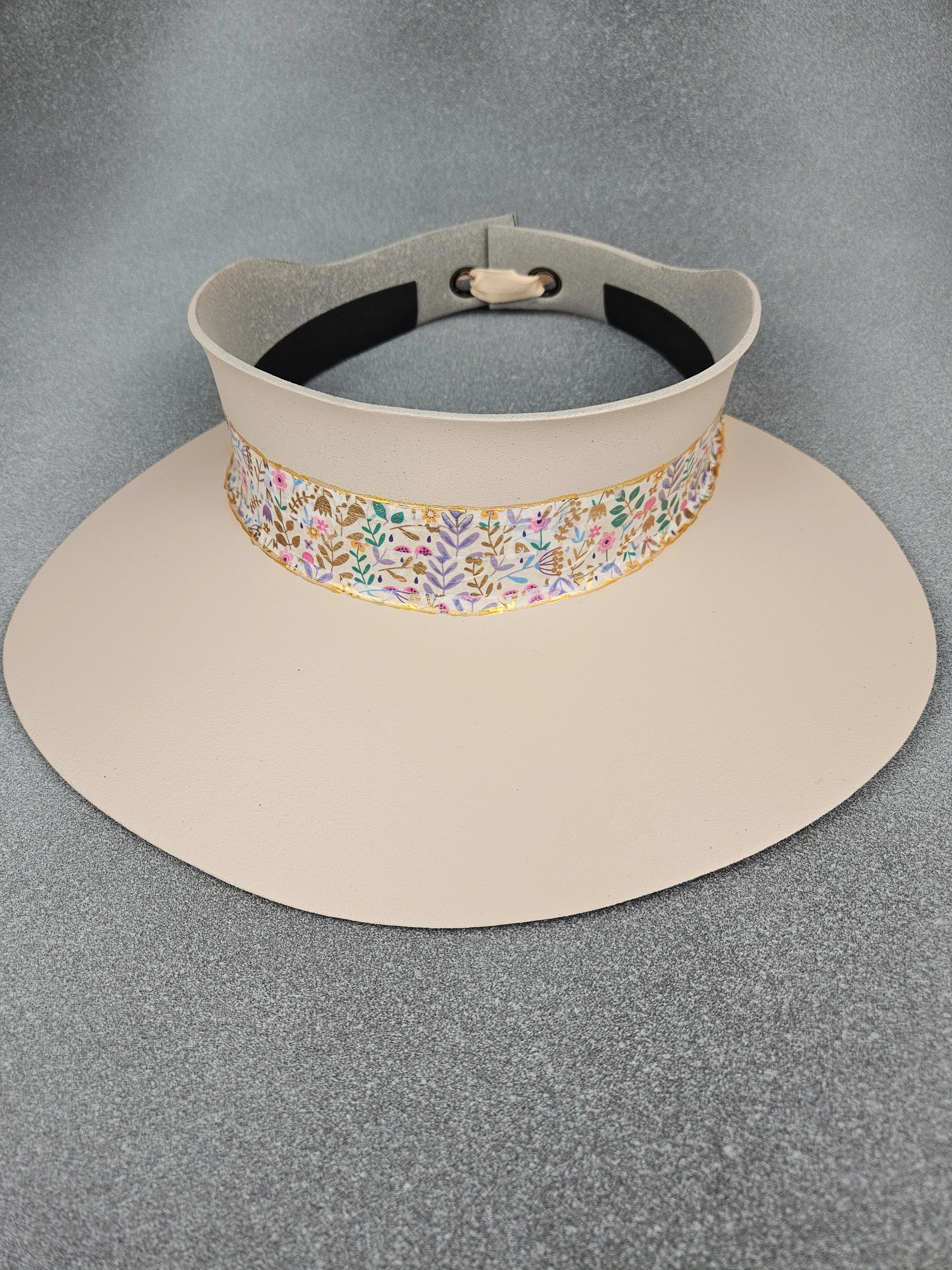 Peachy Beige "LadyEVA" Visor Hat with Bright Multicolored Floral Band