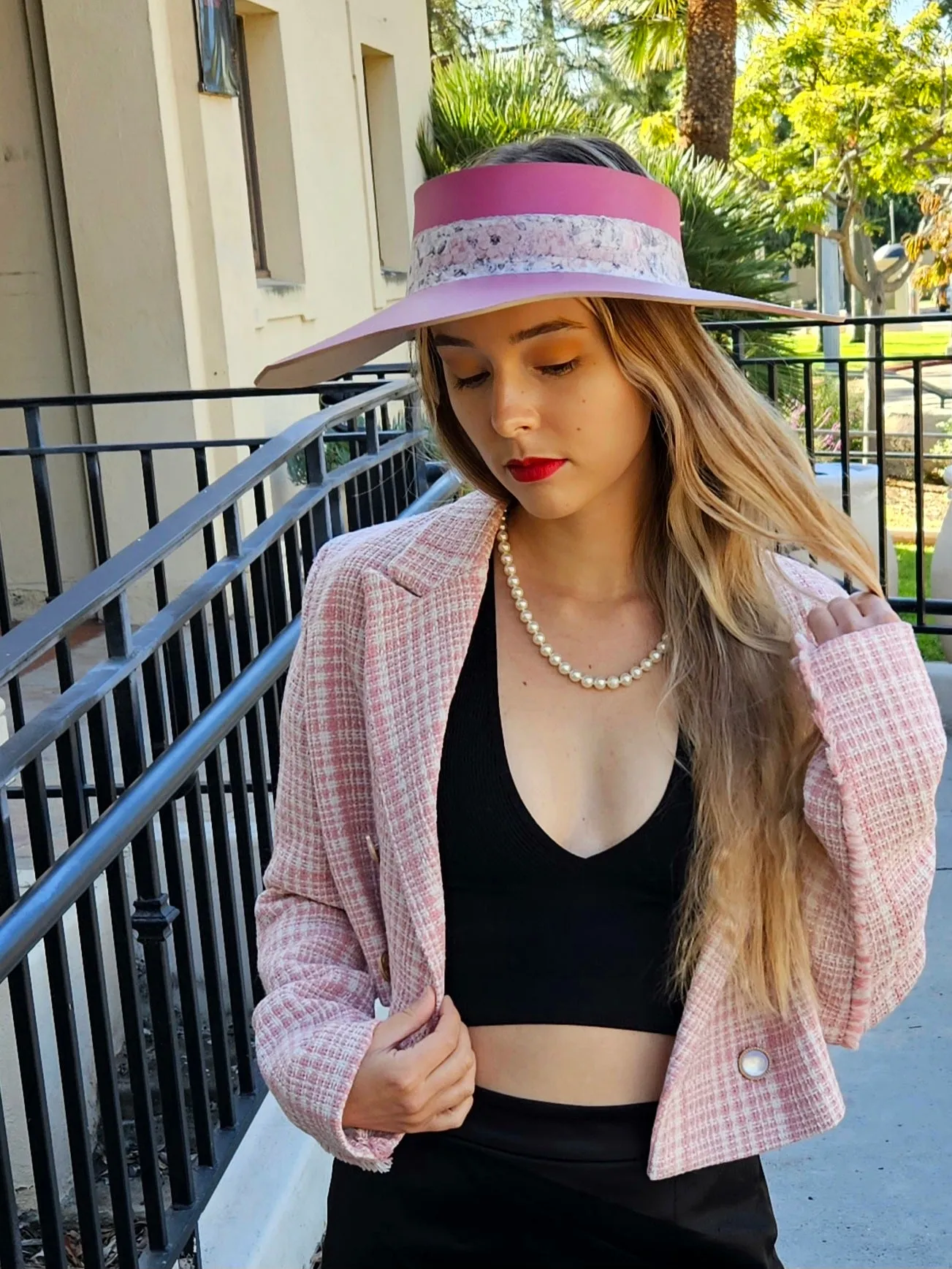 Pink Lotus Visor Hat with Floral Band
