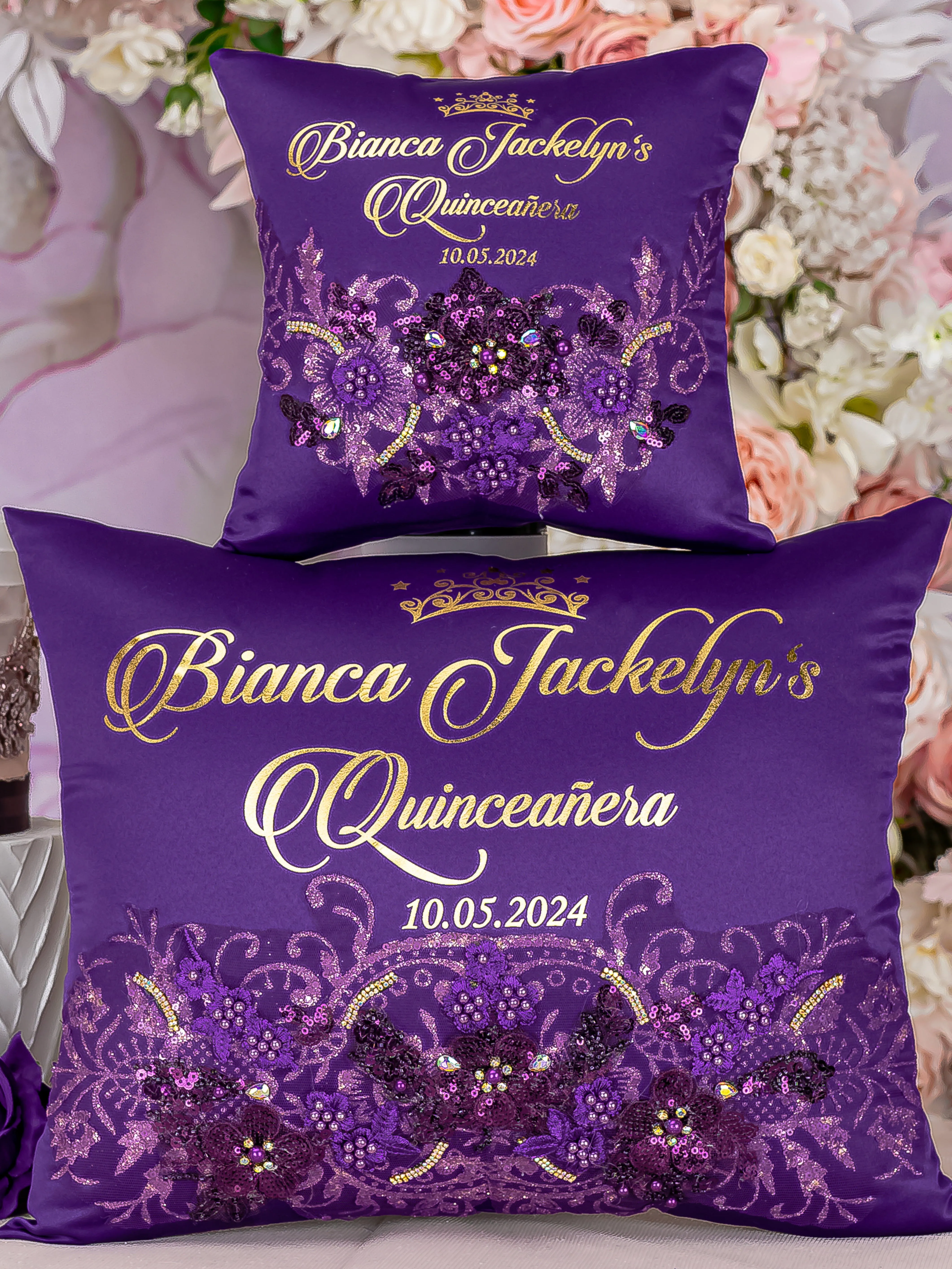Plum quinceanera kneeling pillow, shoes pillow