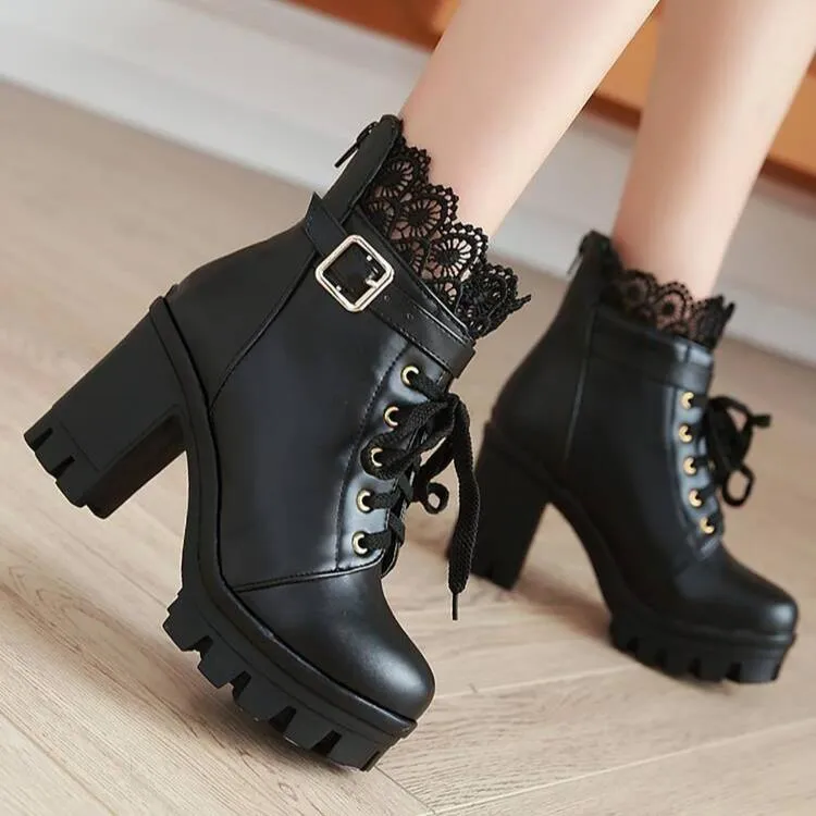 SHEIN - Solid Lace Decor Buckle Detail Boots
