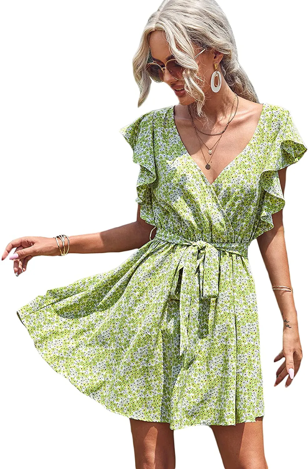 SheIn Women's Deep V-Neck Short Sleeve Tie Front Floral Print Ruffle Hem Dress