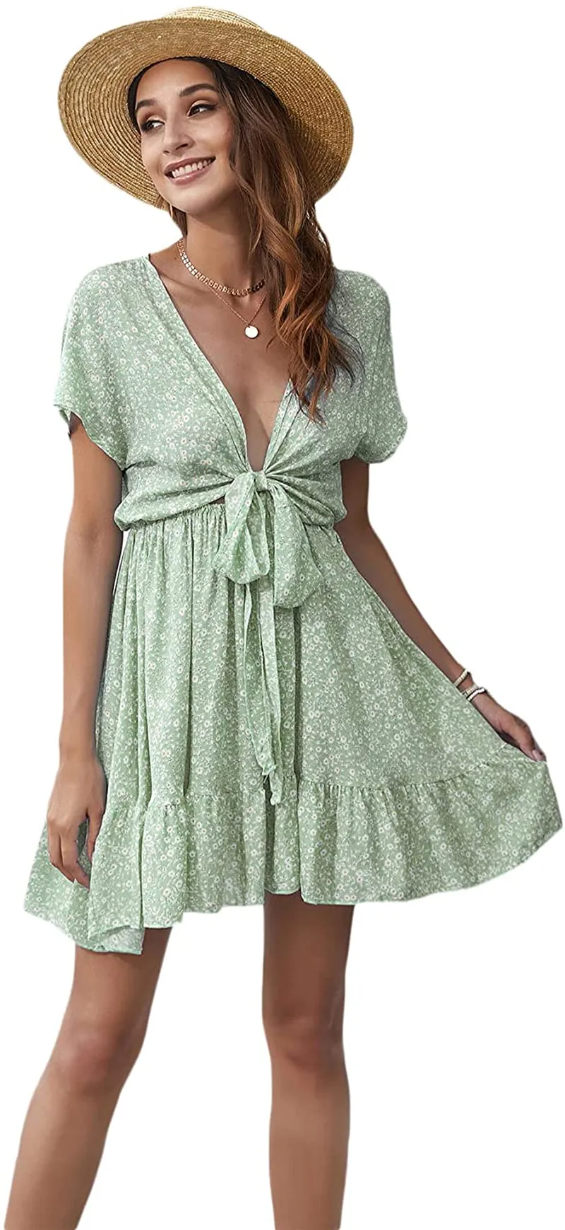 SheIn Women's Deep V-Neck Short Sleeve Tie Front Floral Print Ruffle Hem Dress