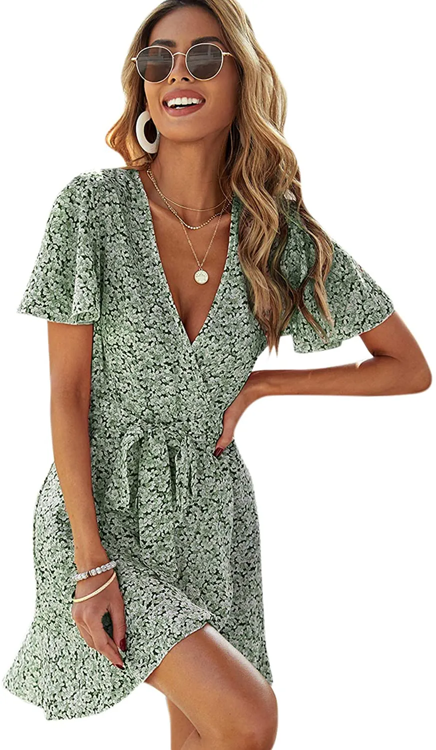 SheIn Women's Deep V-Neck Short Sleeve Tie Front Floral Print Ruffle Hem Dress