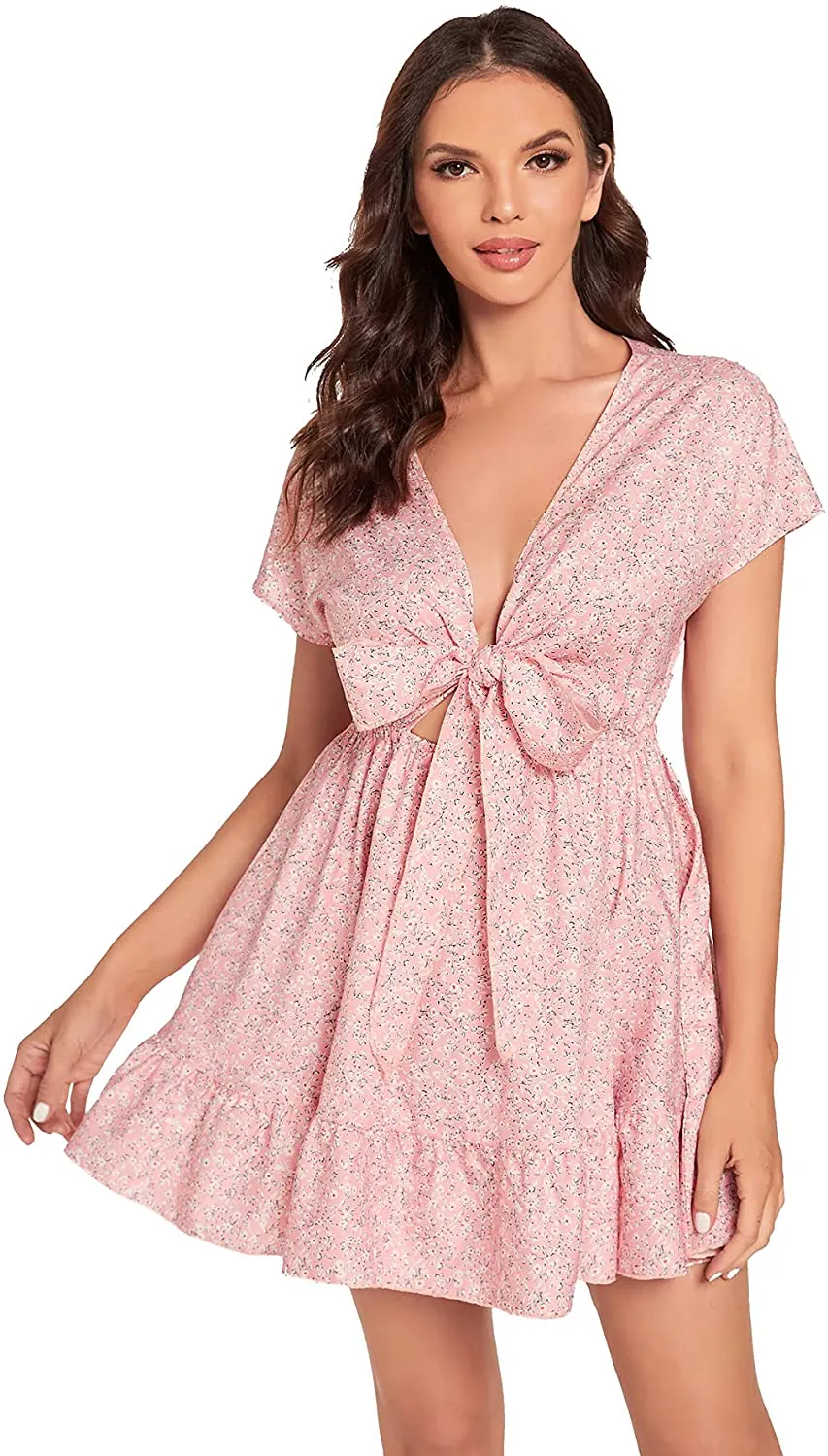 SheIn Women's Deep V-Neck Short Sleeve Tie Front Floral Print Ruffle Hem Dress