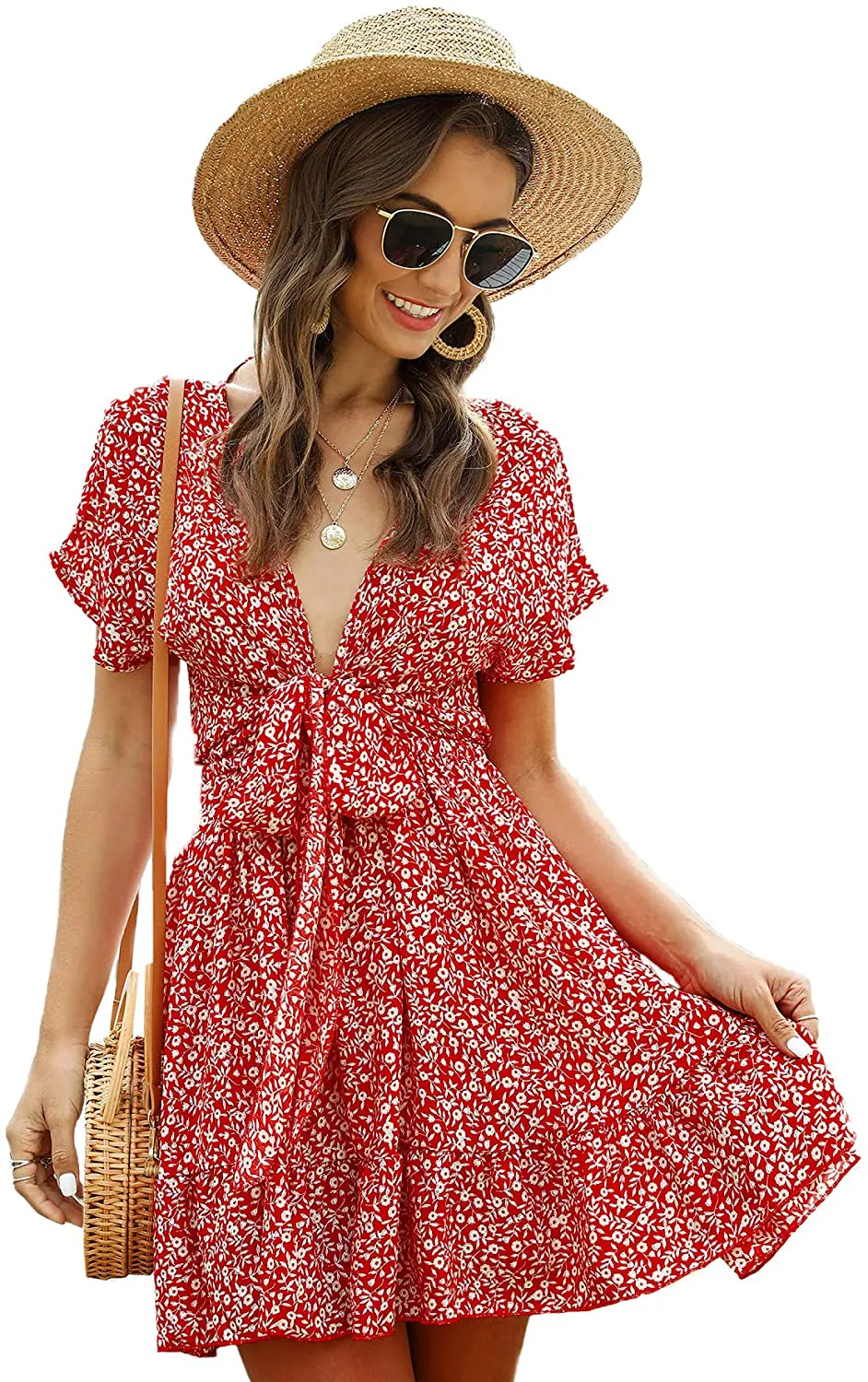 SheIn Women's Deep V-Neck Short Sleeve Tie Front Floral Print Ruffle Hem Dress
