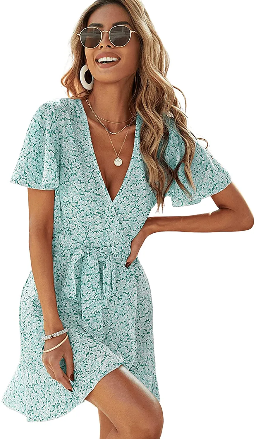 SheIn Women's Deep V-Neck Short Sleeve Tie Front Floral Print Ruffle Hem Dress