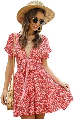 SheIn Women's Deep V-Neck Short Sleeve Tie Front Floral Print Ruffle Hem Dress