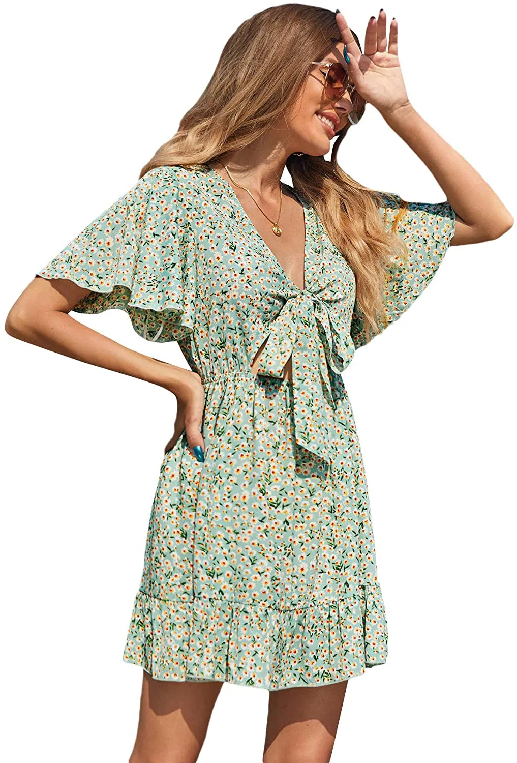 SheIn Women's Deep V-Neck Short Sleeve Tie Front Floral Print Ruffle Hem Dress
