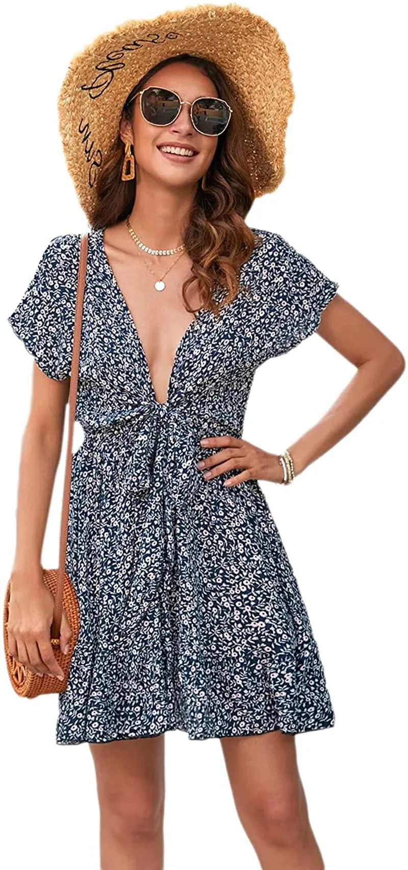 SheIn Women's Deep V-Neck Short Sleeve Tie Front Floral Print Ruffle Hem Dress