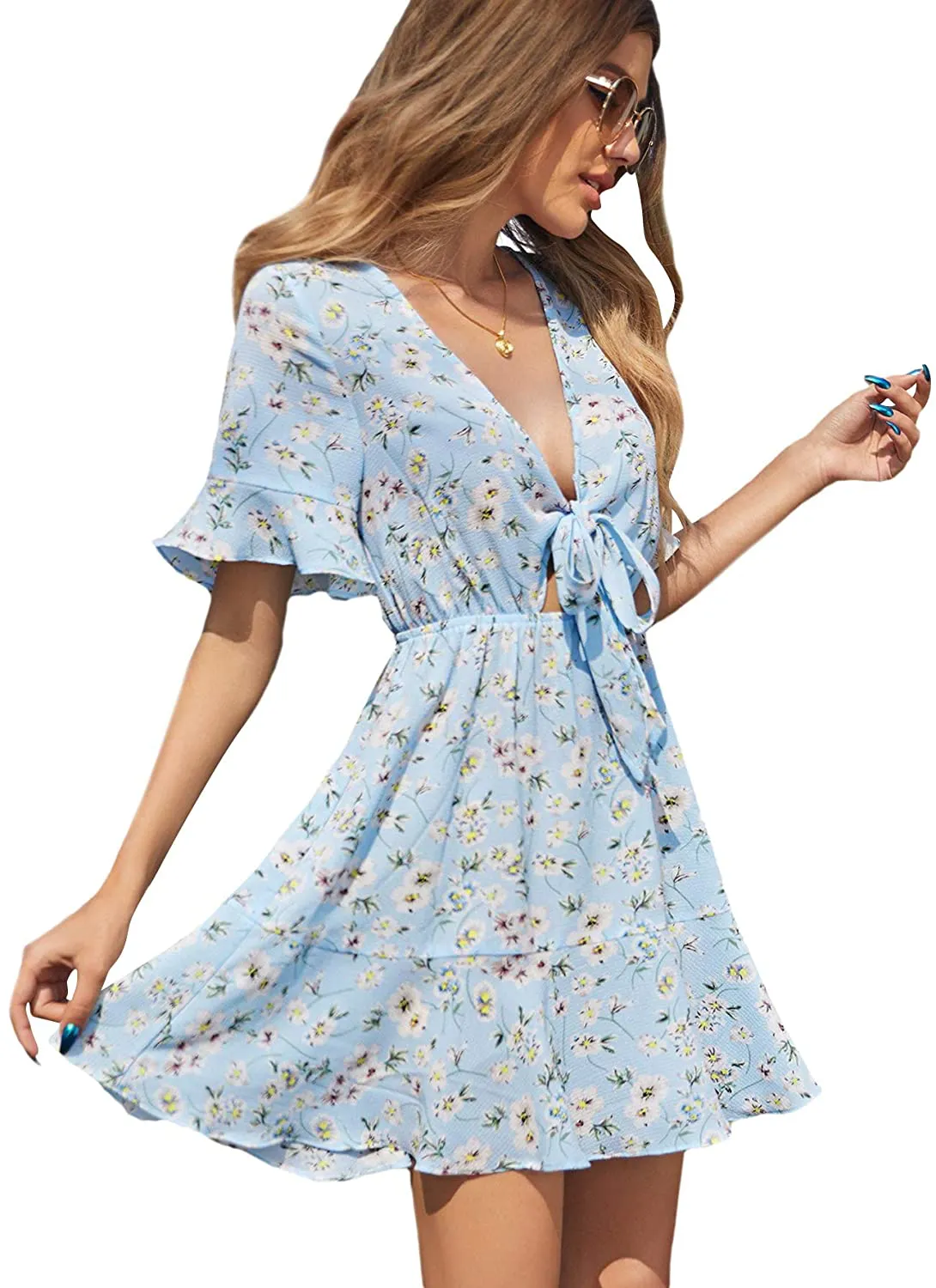 SheIn Women's Deep V-Neck Short Sleeve Tie Front Floral Print Ruffle Hem Dress
