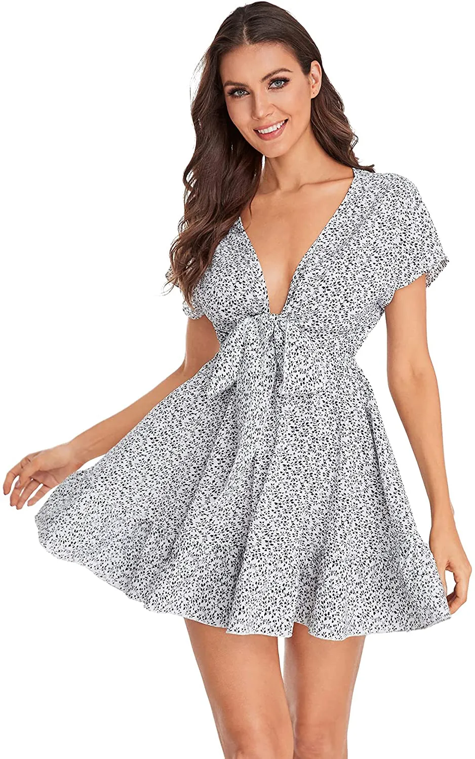 SheIn Women's Deep V-Neck Short Sleeve Tie Front Floral Print Ruffle Hem Dress
