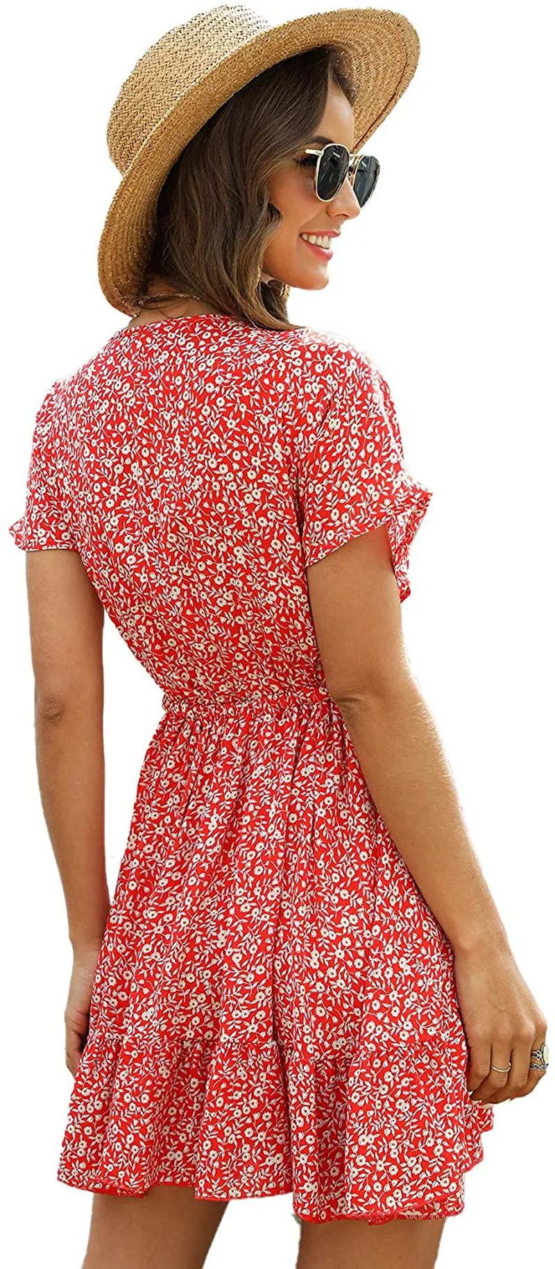 SheIn Women's Deep V-Neck Short Sleeve Tie Front Floral Print Ruffle Hem Dress