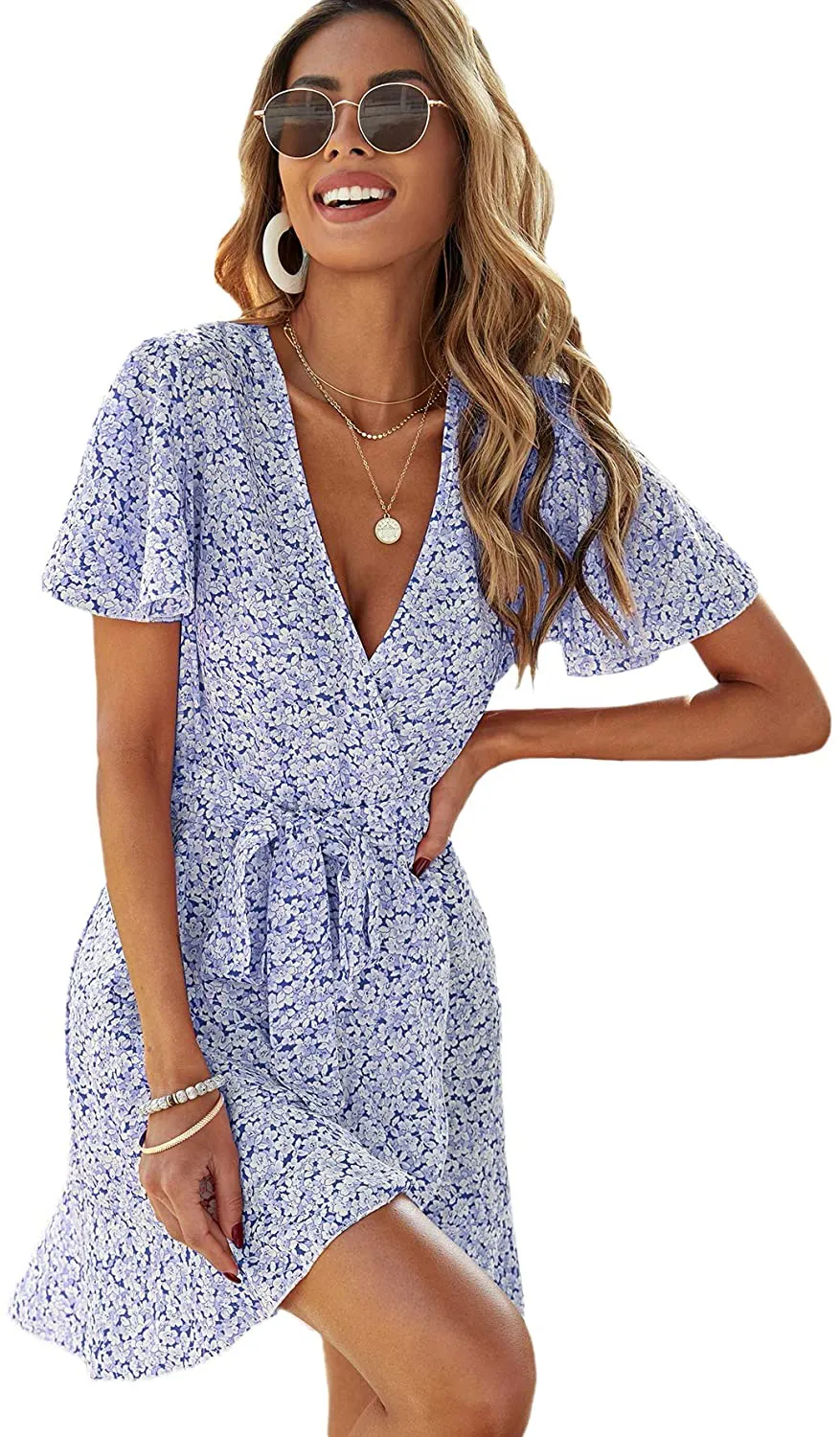 SheIn Women's Deep V-Neck Short Sleeve Tie Front Floral Print Ruffle Hem Dress