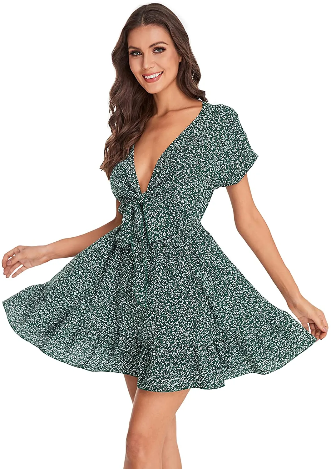 SheIn Women's Deep V-Neck Short Sleeve Tie Front Floral Print Ruffle Hem Dress