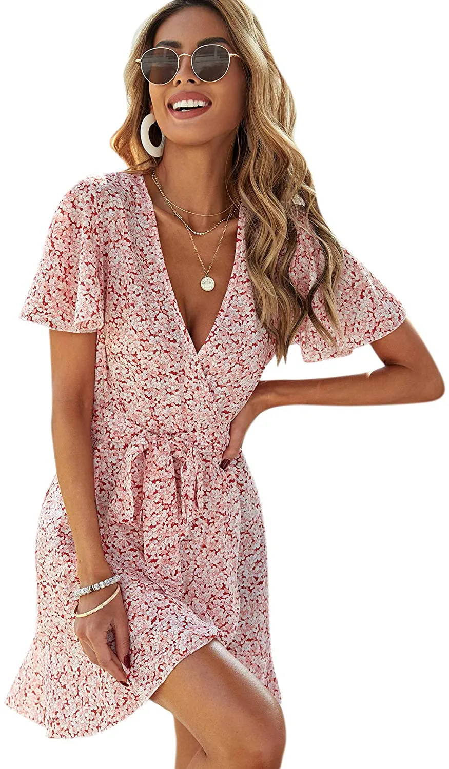 SheIn Women's Deep V-Neck Short Sleeve Tie Front Floral Print Ruffle Hem Dress