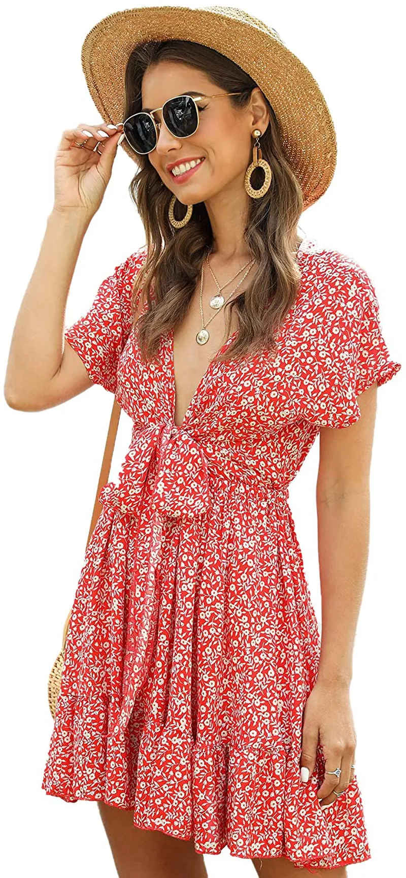 SheIn Women's Deep V-Neck Short Sleeve Tie Front Floral Print Ruffle Hem Dress