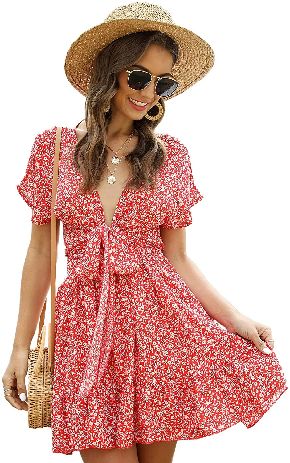 SheIn Women's Deep V-Neck Short Sleeve Tie Front Floral Print Ruffle Hem Dress