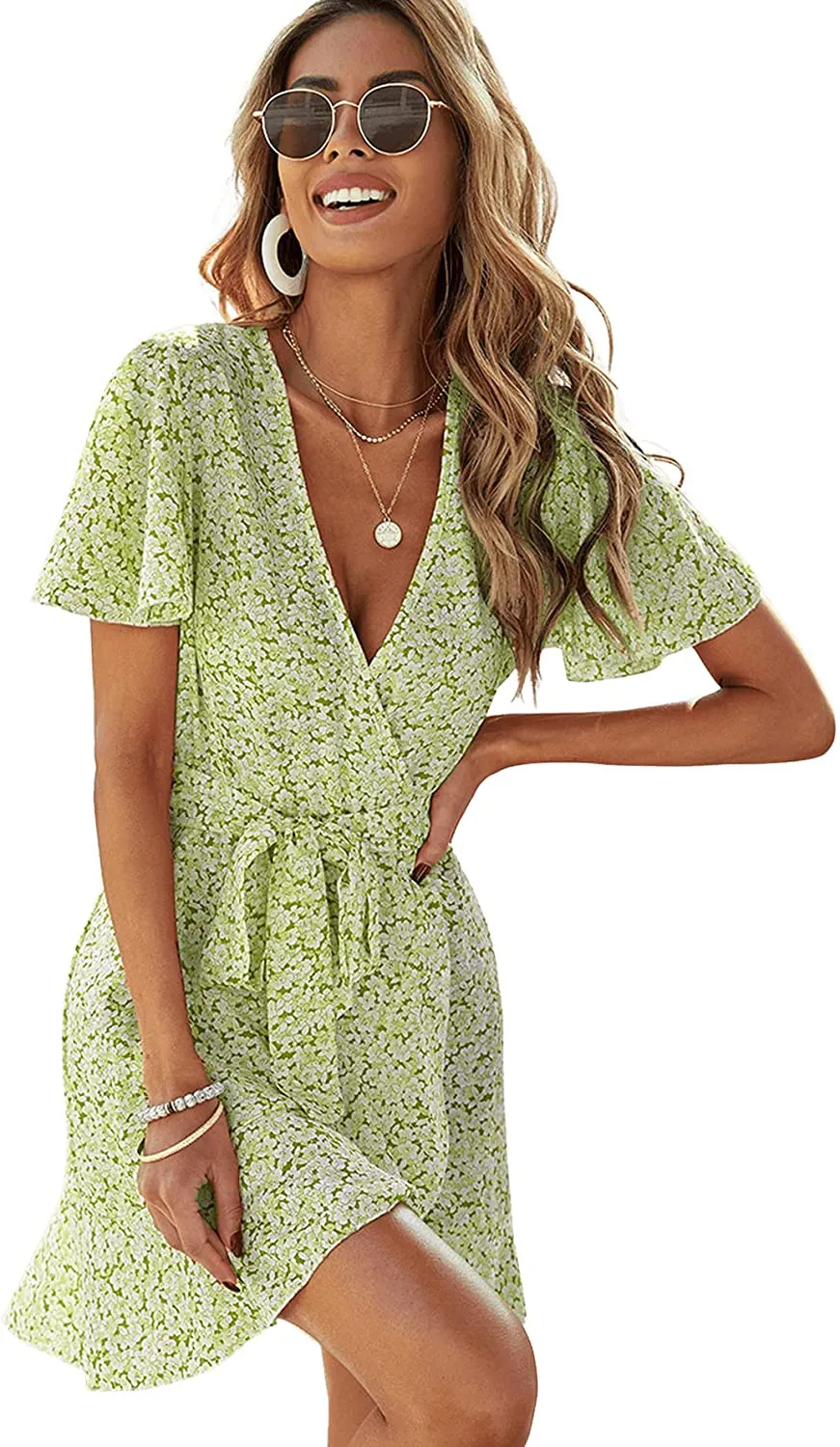 SheIn Women's Deep V-Neck Short Sleeve Tie Front Floral Print Ruffle Hem Dress