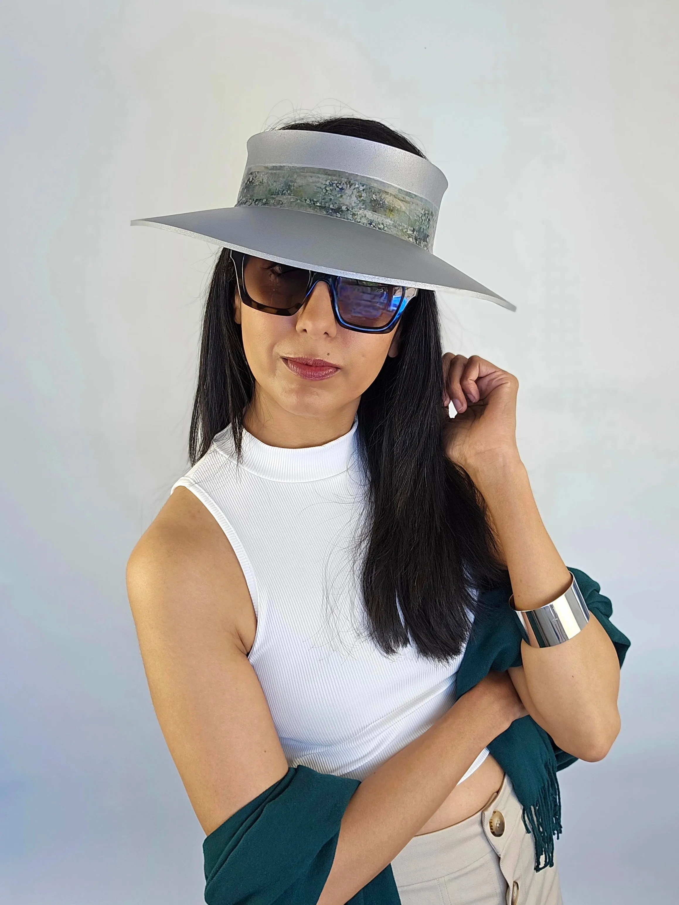 Silver "LadyEVA" Visor Hat with Green Monet Style Band