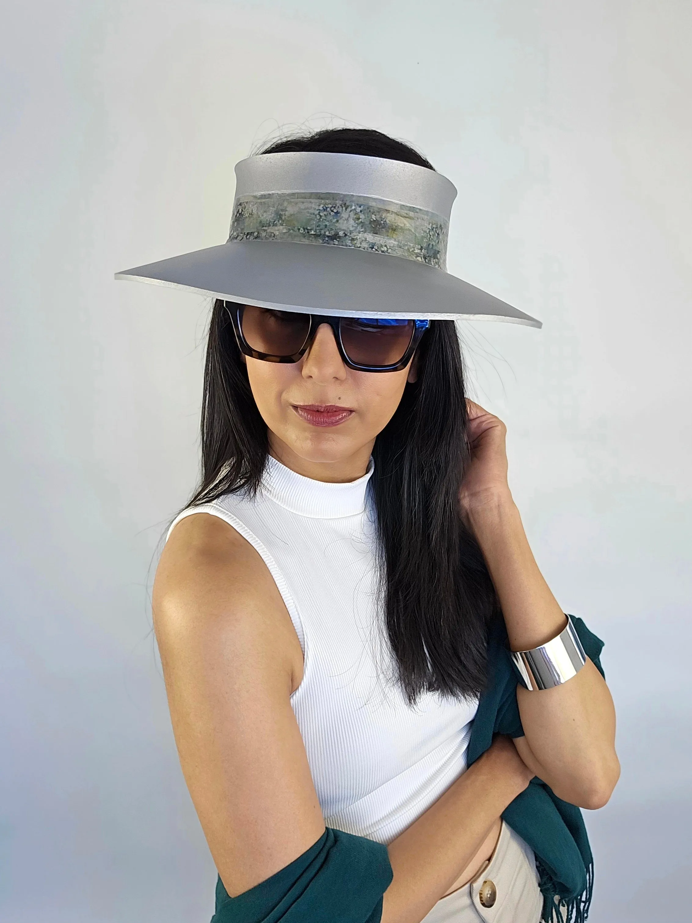 Silver "LadyEVA" Visor Hat with Green Monet Style Band