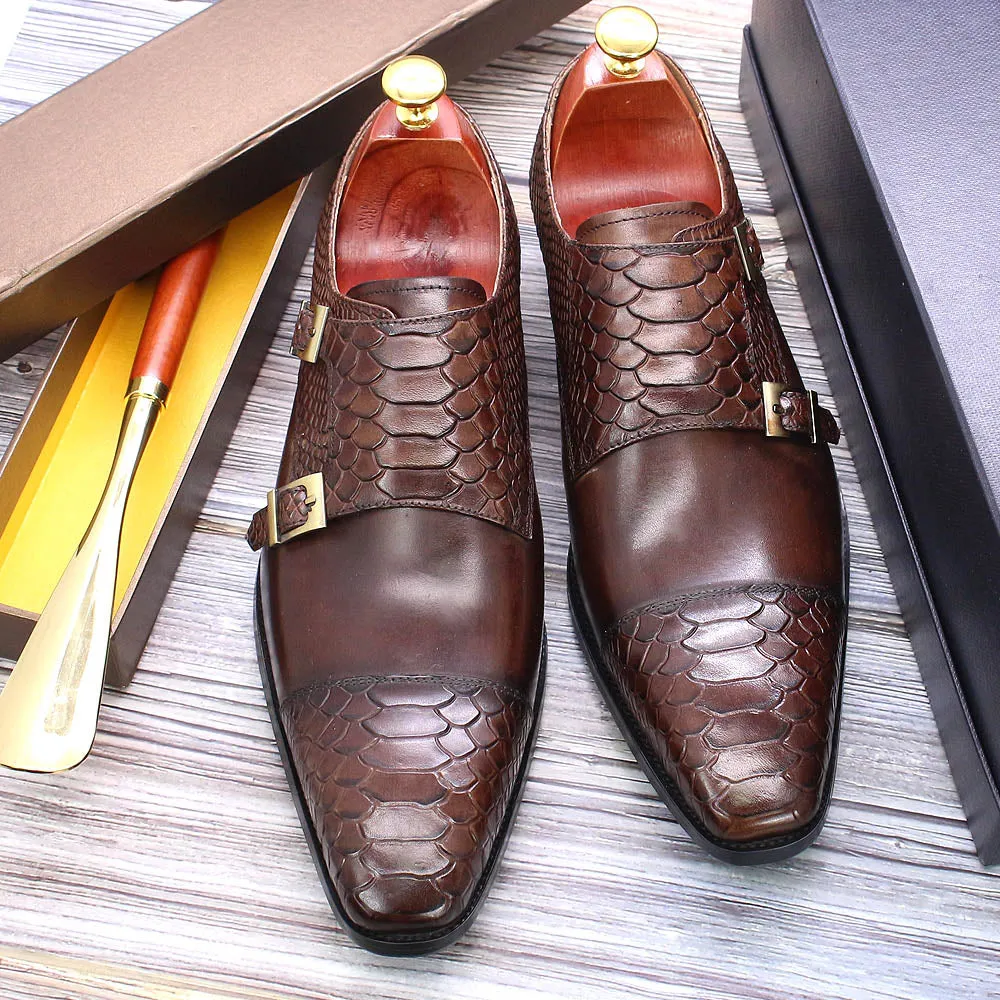 Snakeskin Patterned Leather Monk Shoes