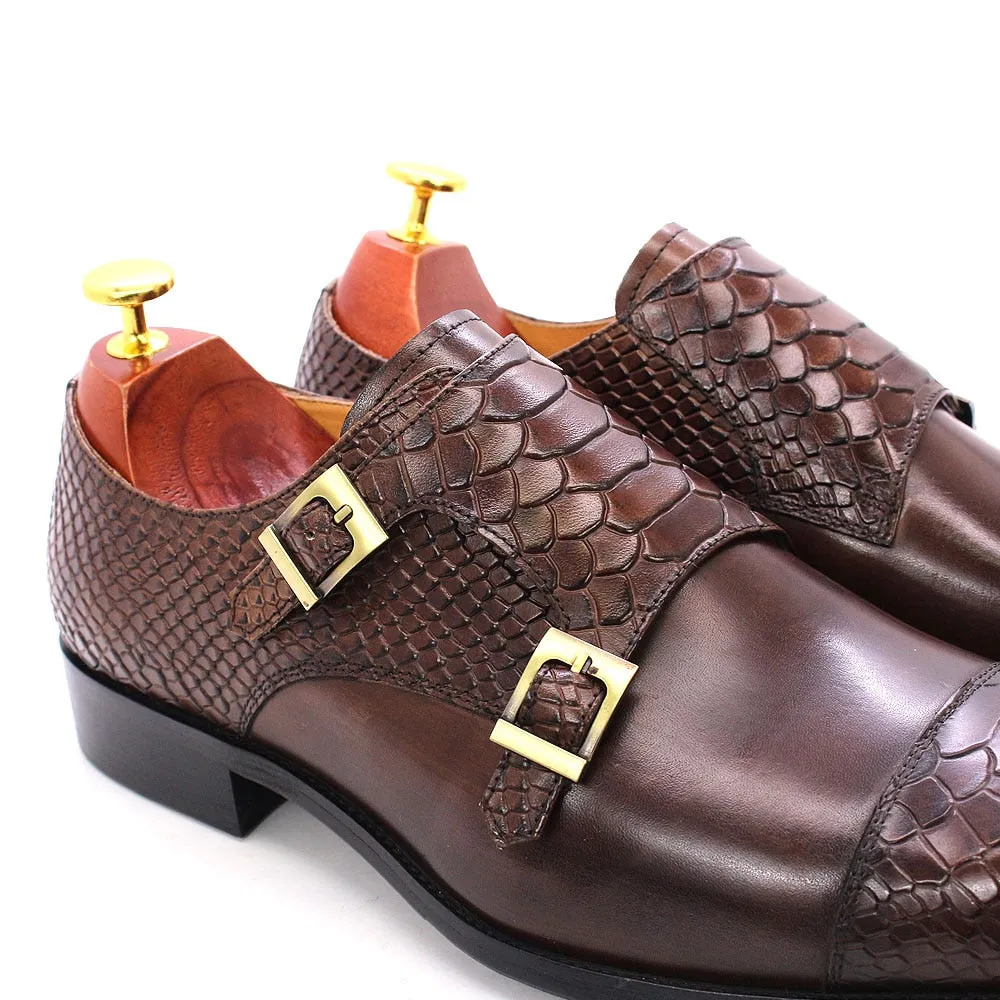 Snakeskin Patterned Leather Monk Shoes