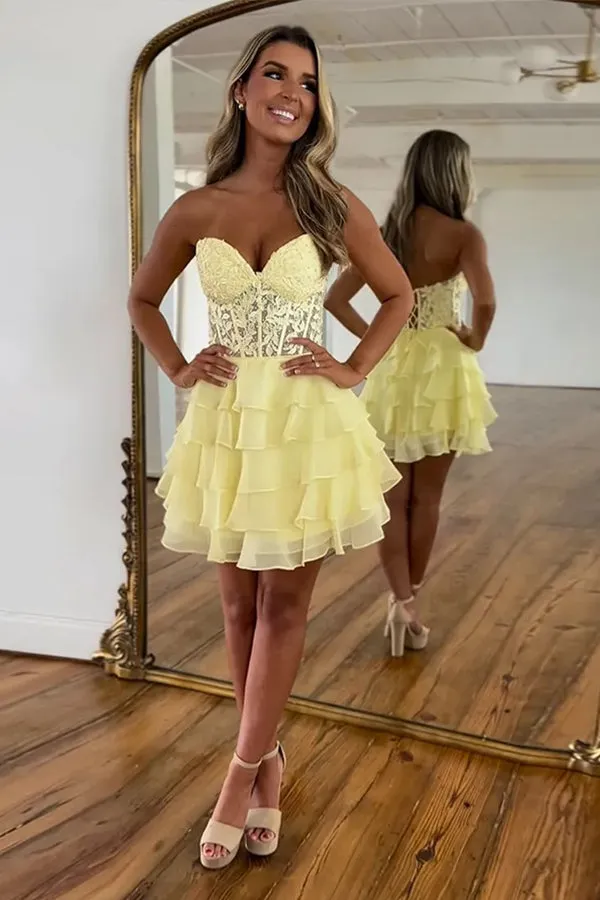 Sparkly A-line Strapless Appliques Tiered Lilac Homecoming Dress PD553