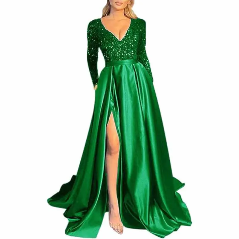 Sparkly Satin Wedding Dress with Pocket Long Sleeve Split Prom Gowns Winter Event Dress