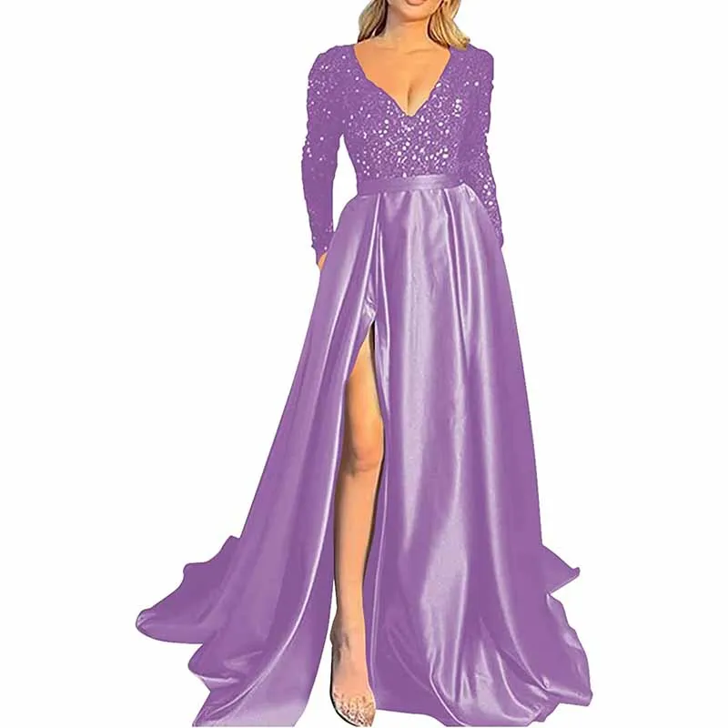 Sparkly Satin Wedding Dress with Pocket Long Sleeve Split Prom Gowns Winter Event Dress