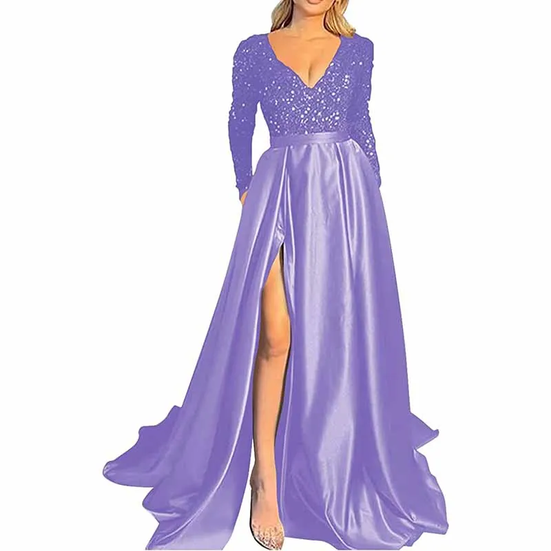 Sparkly Satin Wedding Dress with Pocket Long Sleeve Split Prom Gowns Winter Event Dress
