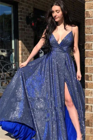 Sparkly V Neck Straps A-Line Long Prom Dress Evening Dress PSK220
