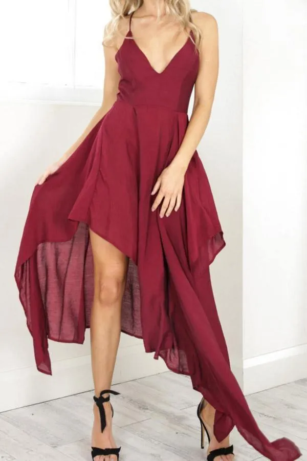 Straps V Neck Burgundy High Low Party Dress Homecoming Dresses  PD310