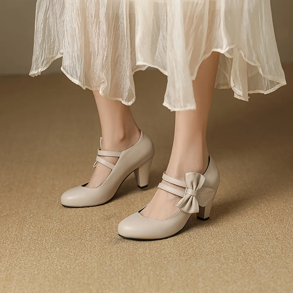 Stylish Kitten Heel Pumps - Round Toe, Bowknot Ankle Strap, PU Leather, Fashionable Dance Work Dress Shoes for Women - Comfortable, Chunky, Versatile Footwear for Various Occasions
