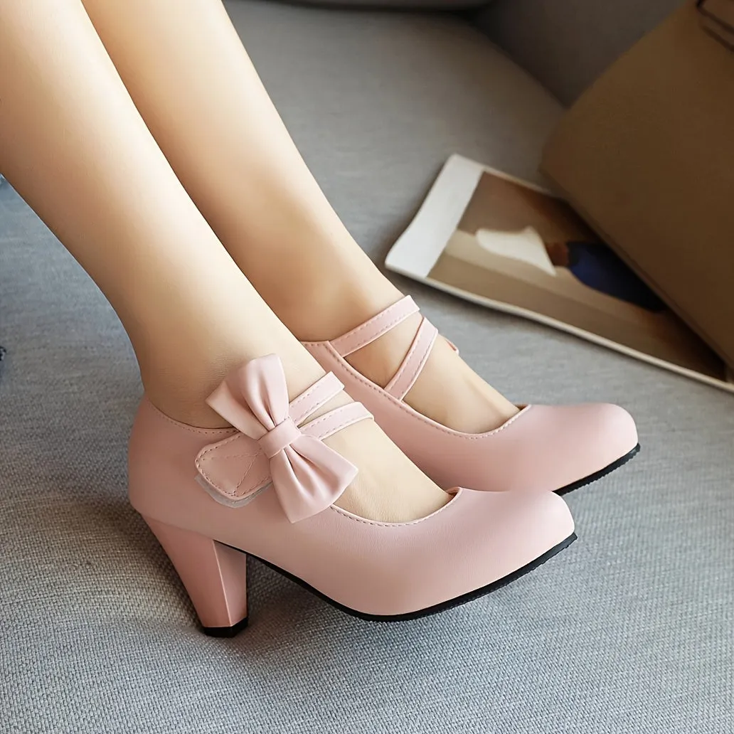 Stylish Kitten Heel Pumps - Round Toe, Bowknot Ankle Strap, PU Leather, Fashionable Dance Work Dress Shoes for Women - Comfortable, Chunky, Versatile Footwear for Various Occasions
