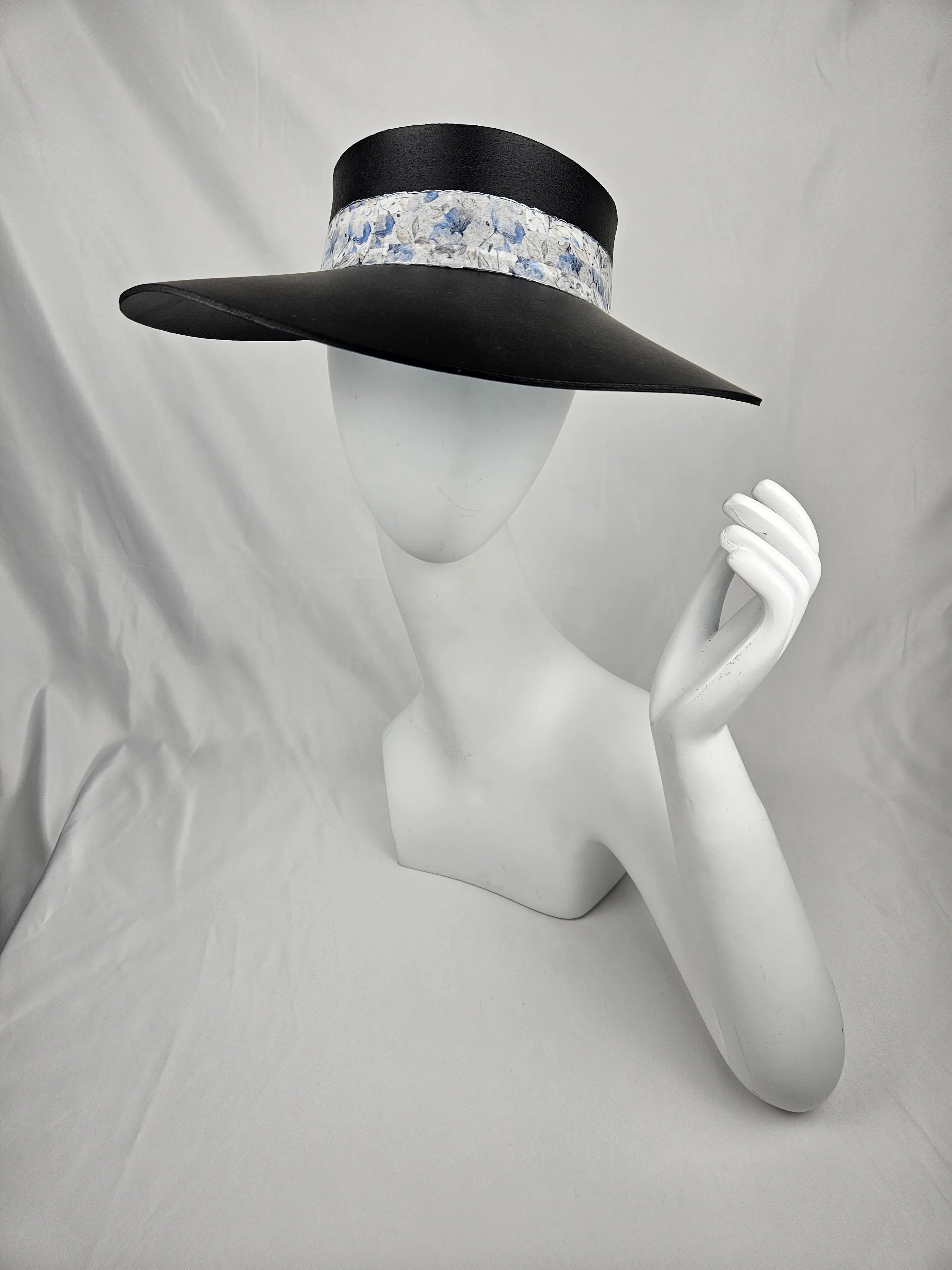 Tall Black "LadyEVA" Visor Hat with Pale Blue Floral Band