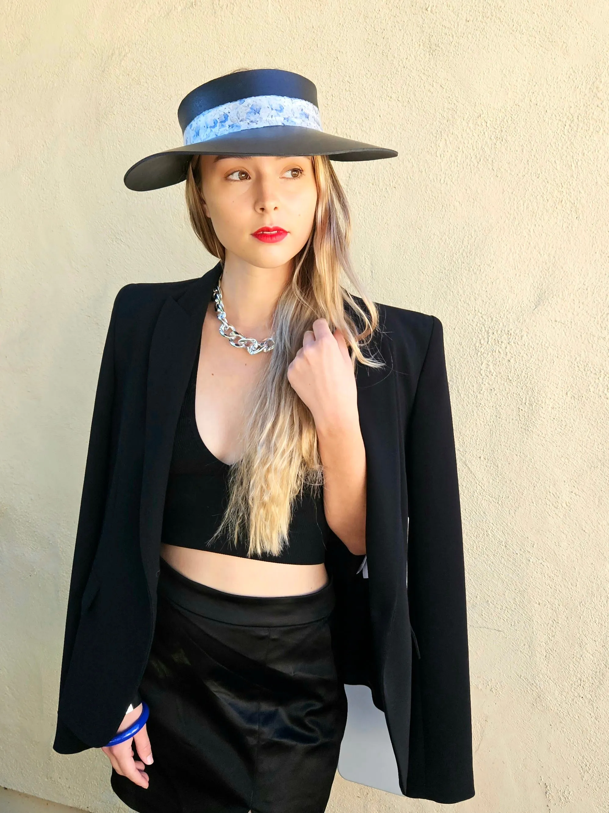 Tall Black "LadyEVA" Visor Hat with Pale Blue Floral Band