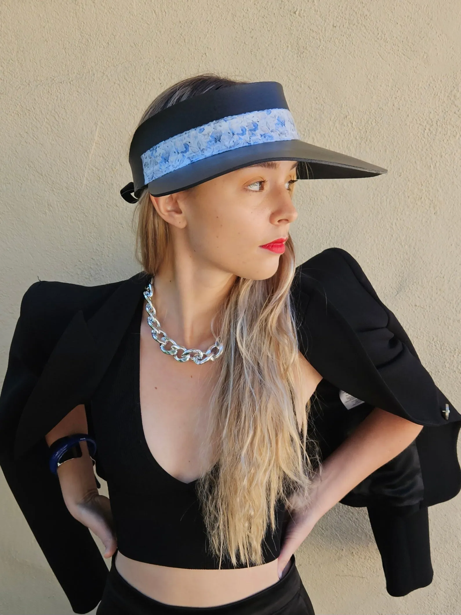 Tall Black "LadyEVA" Visor Hat with Pale Blue Floral Band