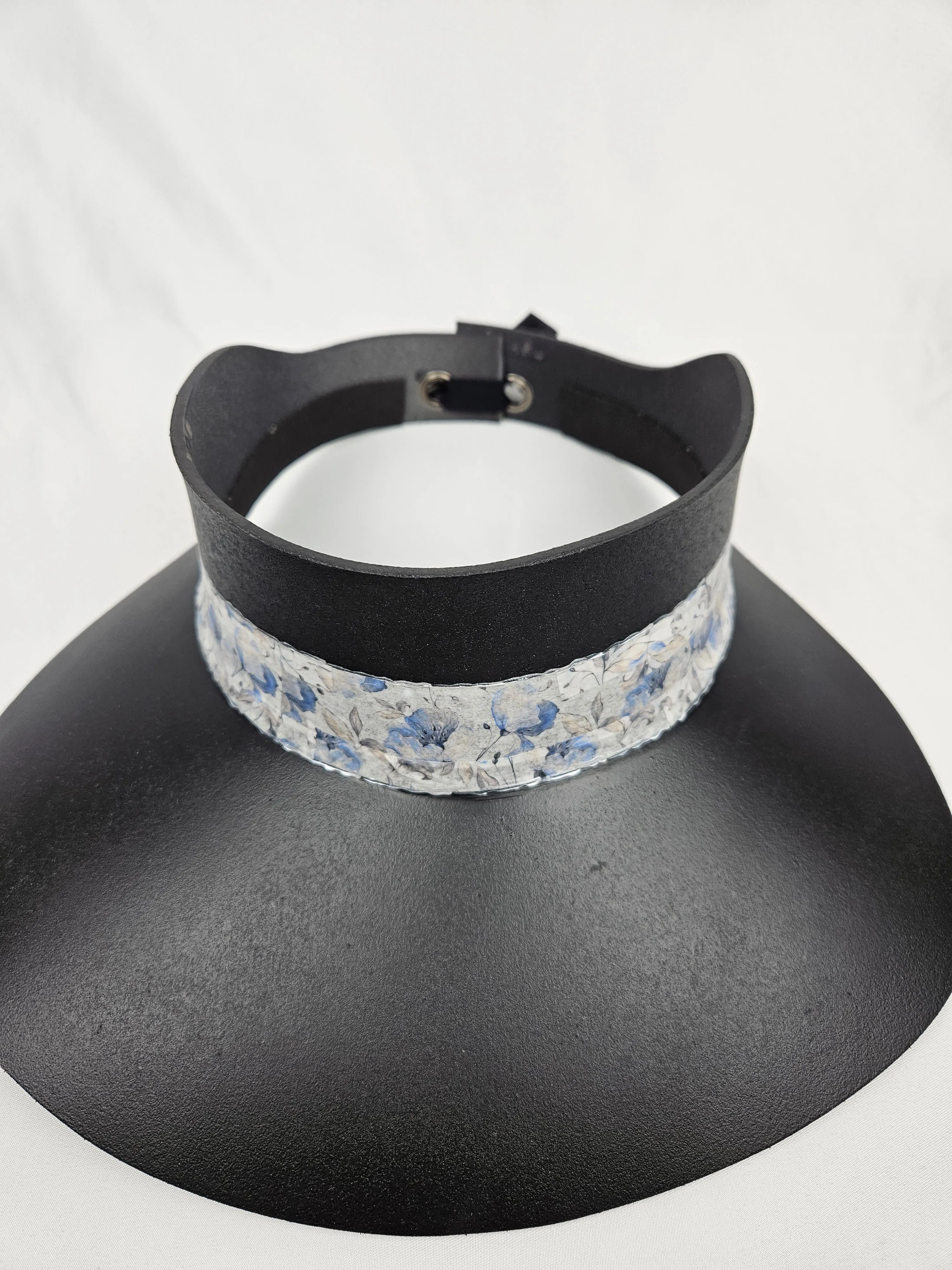 Tall Black "LadyEVA" Visor Hat with Pale Blue Floral Band
