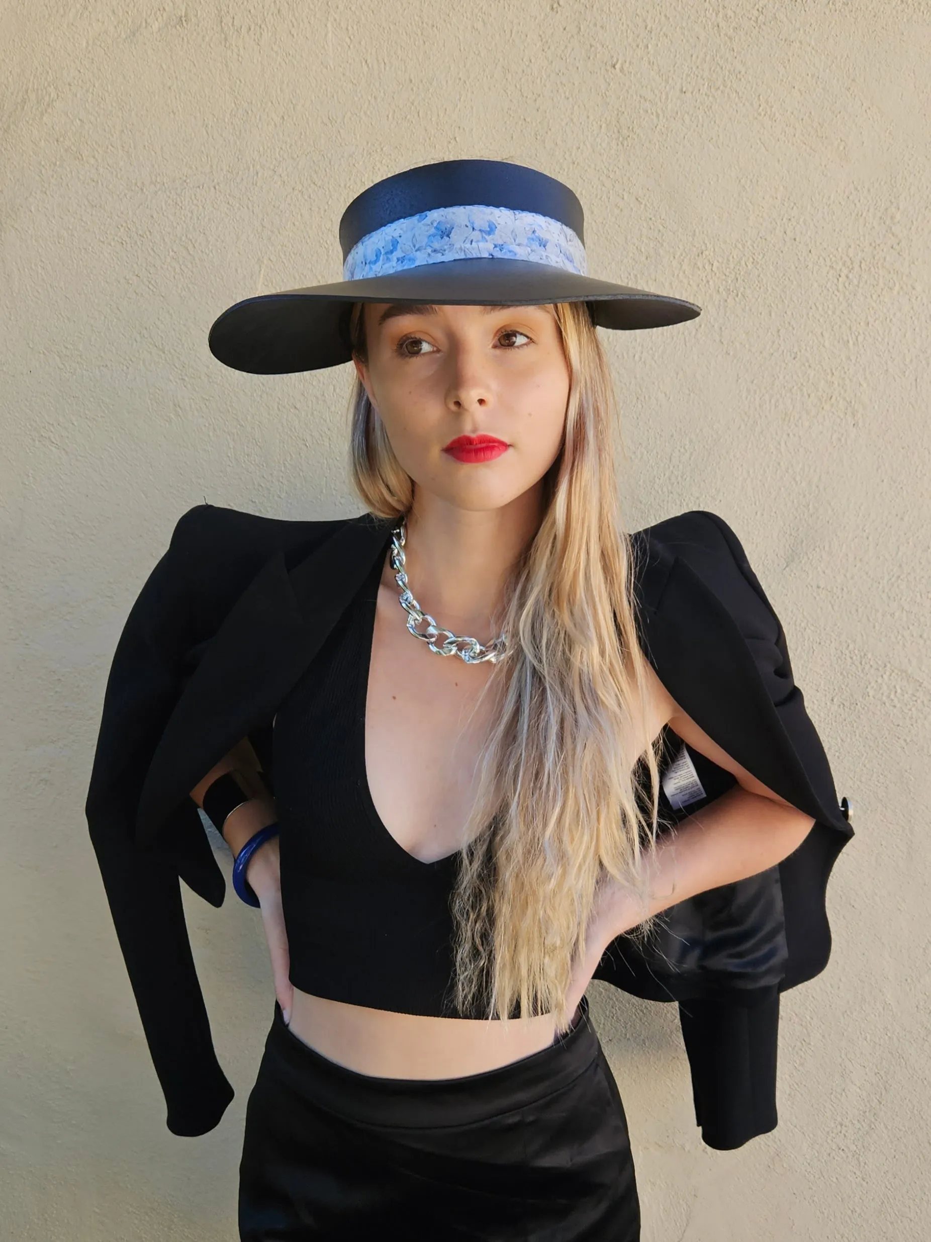 Tall Black "LadyEVA" Visor Hat with Pale Blue Floral Band