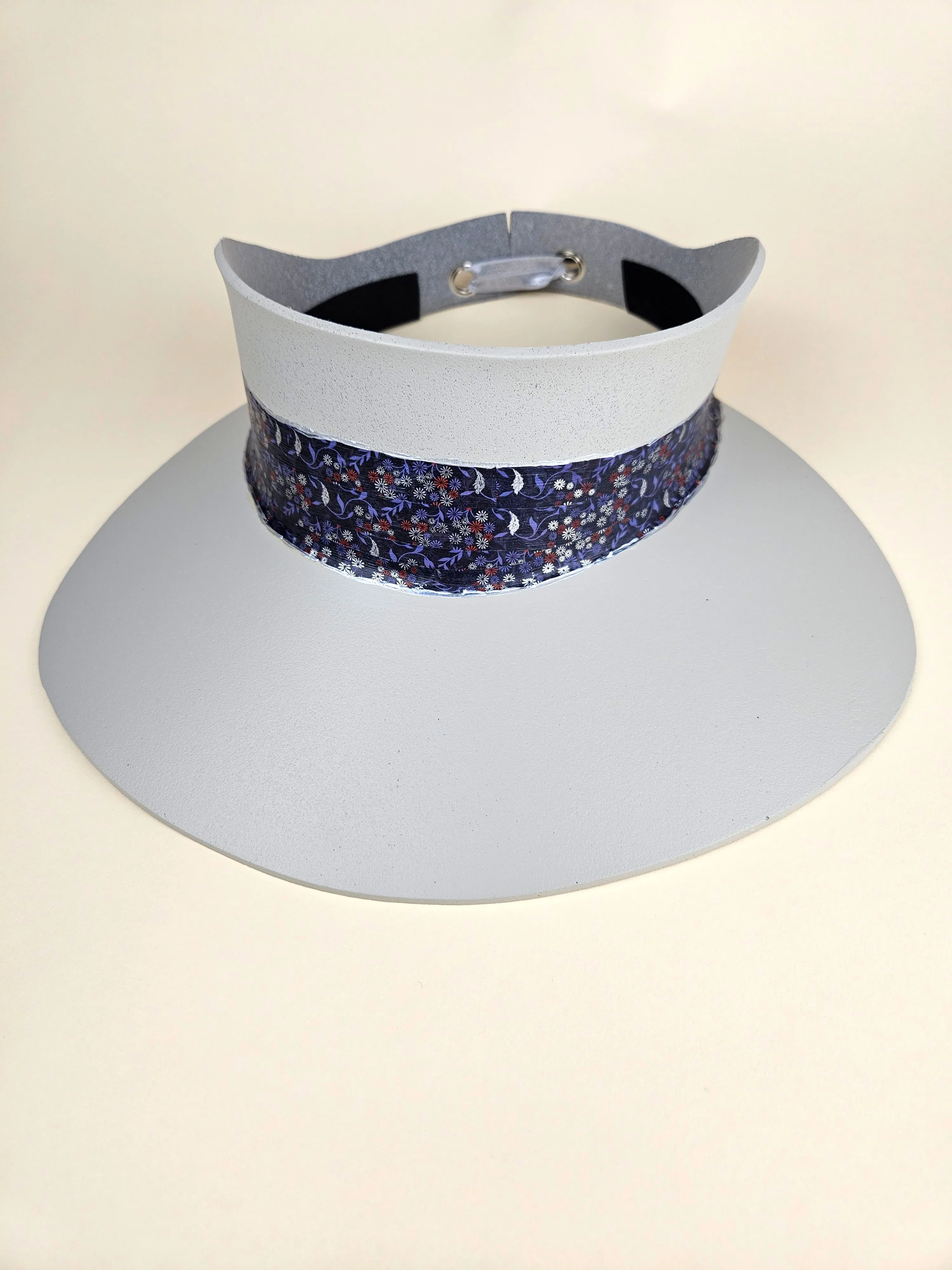 Tall Gray "LadyEVA" Visor Hat with Blue Purple, Red and Silver Floral Band